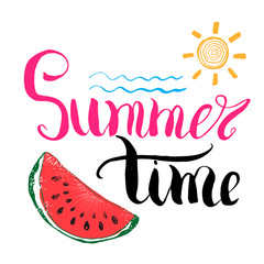 Lettering quote summer time. Hand drawn Sketch typographic design sign, Vector Illustration on color lines background