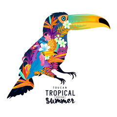 Naklejki  Tropical Summer Toucan. Abstract Toucan bird with various tropical elements.