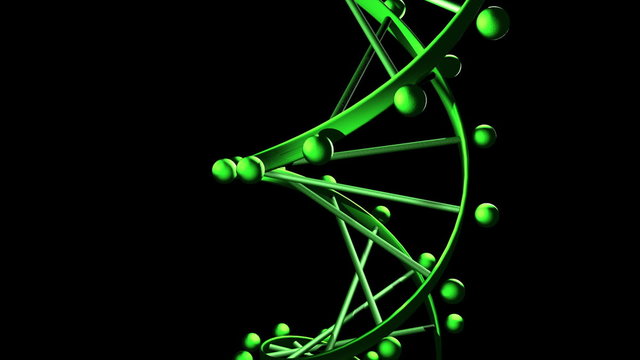 Spiraling 3D green DNA helix passes camera on black.
