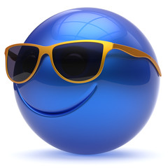 Smile face head ball cheerful sphere emoticon cartoon smiley happy decoration cute blue golden sunglasses. Smiling funny joyful person laughing joy character toy avatar. 3d render isolated