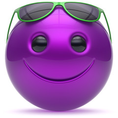 Smiley face cheerful head blue purple ball sphere emoticon cartoon smile happy decoration cute sunglasses. Smiling funny joyful person laughing joy character toy avatar. 3d render isolated