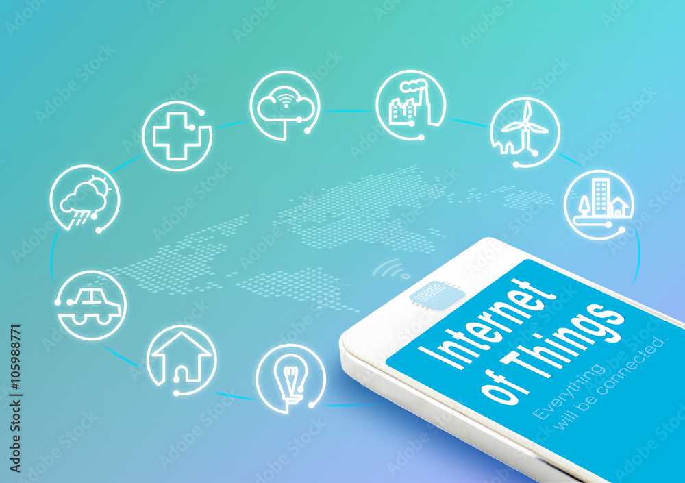 Aufkleber smart phone with internet of things (iot) word and objects icon,