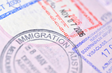 Passport stamp background - Immigration (selective focus)