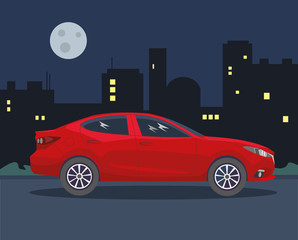 The car on a background of night city. Vector illustration.