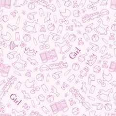 The background for a little girl. Pink background with cute items for child.