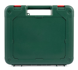 Closed tool box standing on a white background