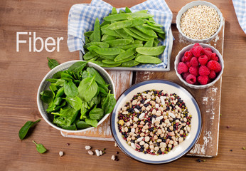 High Fiber Foods on wooden background.
