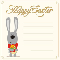 Happy easter! Funny easter bunny with easter egg in hands. Easter card with lines for text. Handwritten text. Cartoon easter bunny.