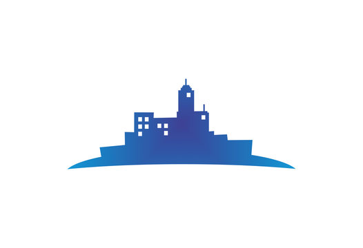 Blue city buildings silhouette logo