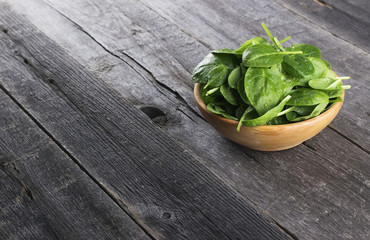 Spinach leaves in bowl on dark wooden background