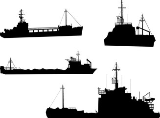 four cargo ship silhouettes on white