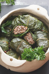 Collard greens rolls with ground meat, rice and spices, close up