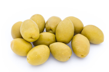 Olives on leaves isolated on white.