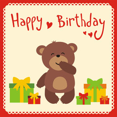 Happy birthday! Cute smiling bear with birthday gifts, handwritten text. Happy birthday card. Cartoon bear.