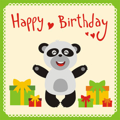 Happy birthday! Funny little panda bear with birthday gifts, handwritten text. Happy birthday card. Cartoon panda bear.