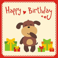 Happy birthday! Cute smiling puppy with birthday gifts, handwritten text. Happy birthday card. Cartoon puppy.