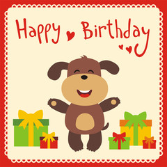 Happy birthday! Funny little puppy with birthday gifts, handwritten text. Happy birthday card. Cartoon puppy.