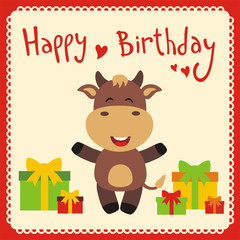 Happy birthday! Funny little cow with birthday gifts, handwritten text. Happy birthday card. Cartoon cow.