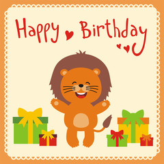 Happy birthday! Funny little lion with birthday gifts, handwritten text. Happy birthday card. Cartoon lion.