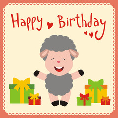 Happy birthday! Funny little sheep with birthday gifts, handwritten text. Happy birthday card. Cartoon sheep.