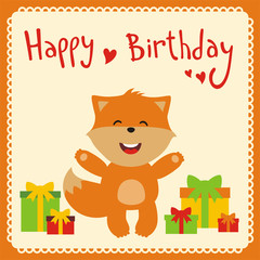 Happy birthday! Funny little fox with birthday gifts, handwritten text. Happy birthday card. Cartoon fox.