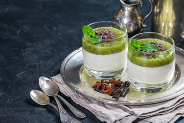Fruit dessert green panna cotta