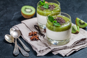 Fruit dessert green panna cotta