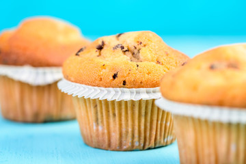 Chocolate Chip Muffins On Blue Table