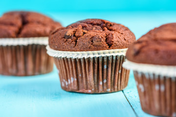 Chocolate Chip Muffins On Blue Table