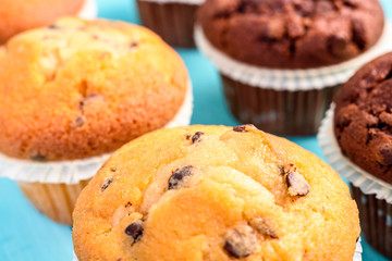 Chocolate Chip Muffins On Blue Table