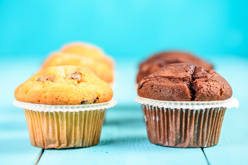 Chocolate Chip Muffins On Blue Table