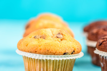 Chocolate Chip Muffins On Blue Table