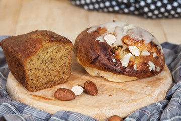 Homemade banana bread sliced on a table . rustic style