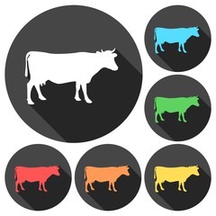 Cow silhouette icons set with long shadow