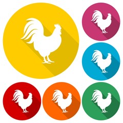 Rooster silhouette icons set with long shadow