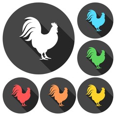 Rooster silhouette icons set with long shadow