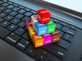 Domain name cubes standing on laptop computer keyboard - obrazy, fototapety, plakaty