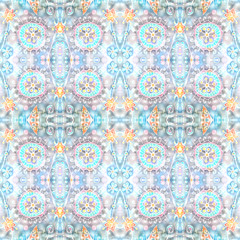 Kaleidoscopic seamless pattern. Hand-painting on silk. Abstract flowers, stars, splashes, ornament. Cell division