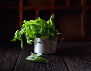 basil in a cup on a wooden background
