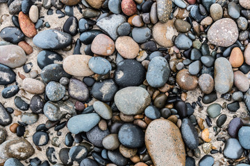 Multiple stones found on the beach at South Carlsbad State Beach in San Diego, California.