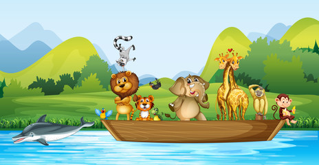 Obraz na płótnie Canvas Wild animals on the wooden boat