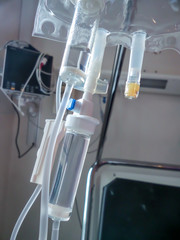 Close up on perfusion bag and tube in an hospital