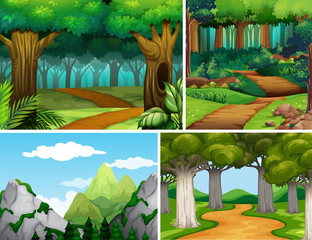 Four nature scenes with forest and mountain