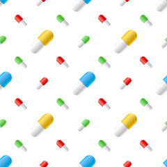 Colourful pills capsules on white, seamless pattern