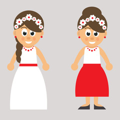 cartoon woman in white dress and red skirt