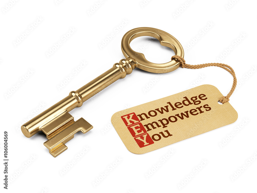 Wall mural golden key with knowledge empowers you tag isolated on white