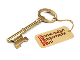Golden key with Knowledge Empowers You tag isolated on white - obrazy, fototapety, plakaty