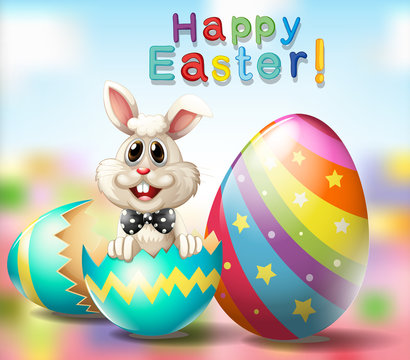 Happy Easter poster with bunny and rainbow eggs