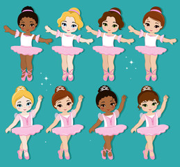 Vector illustration of cute little ballerinas.  Ballet Slippers. Clip art cute characters, pink tutus, ballet shoes. © sandybar