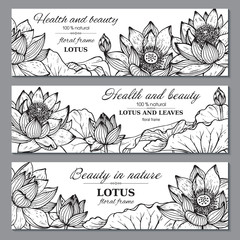 Set of three horizontal banners with beautiful lotus flowers and